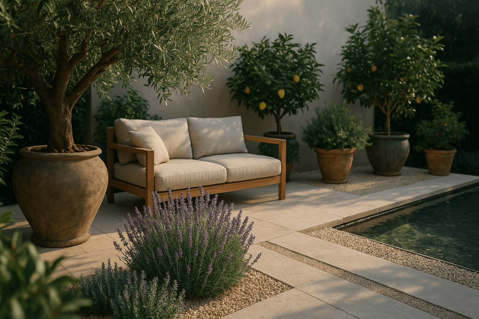 Modern Mediterranean garden with olive trees, gravel paths, and elegant outdoor furniture