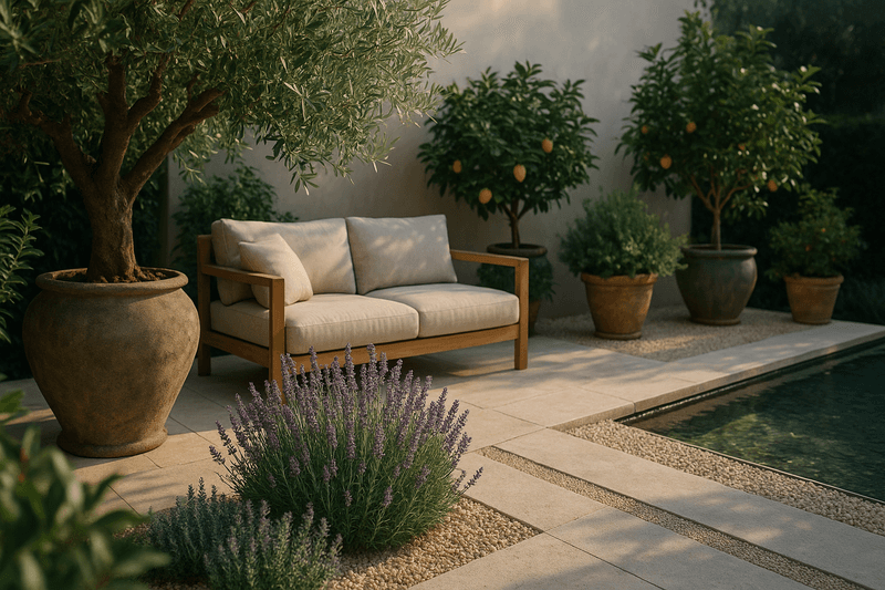 Drought tolerant trees with silvery foliage in a sunny Mediterranean garden.