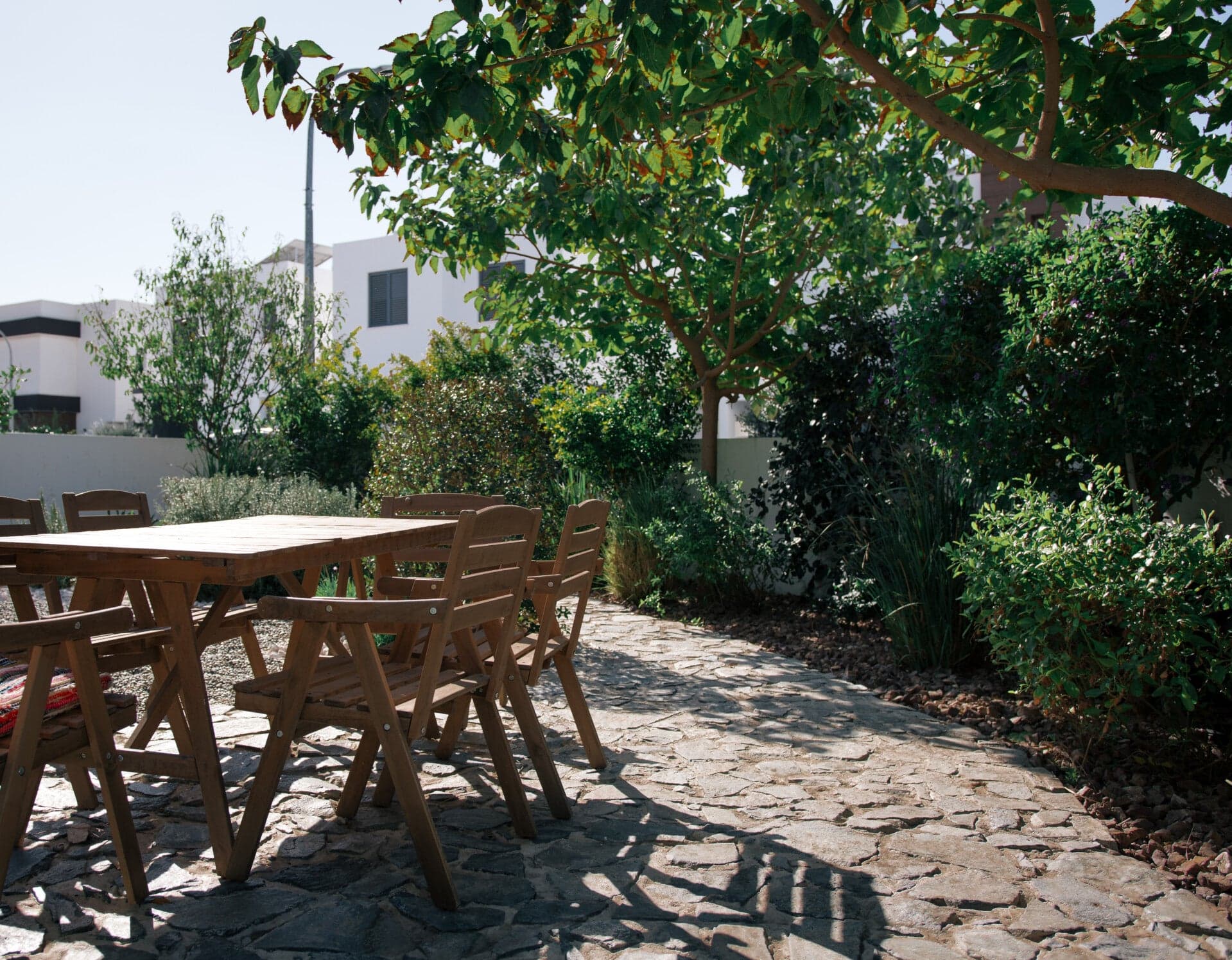 Luxury villa entrance garden with structured planting and natural materials