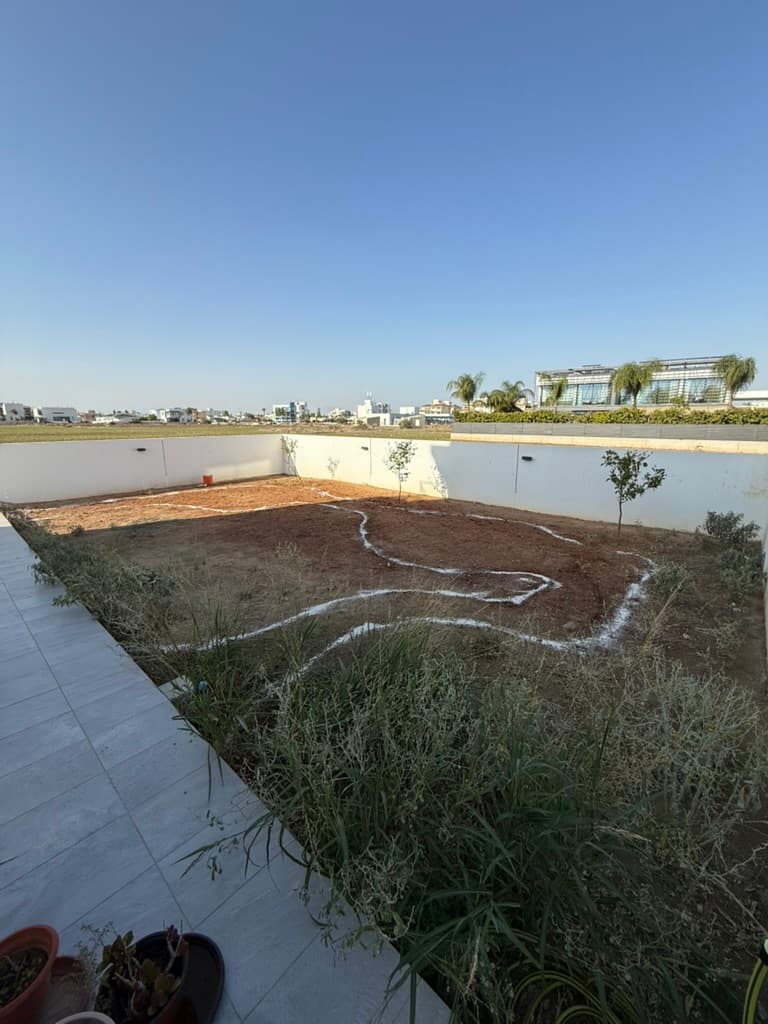Rooftop terrace in Cyprus with white-outlined garden beds containing brown soil and sparse vegetation, surrounded by modern buildings under clear blue skies.