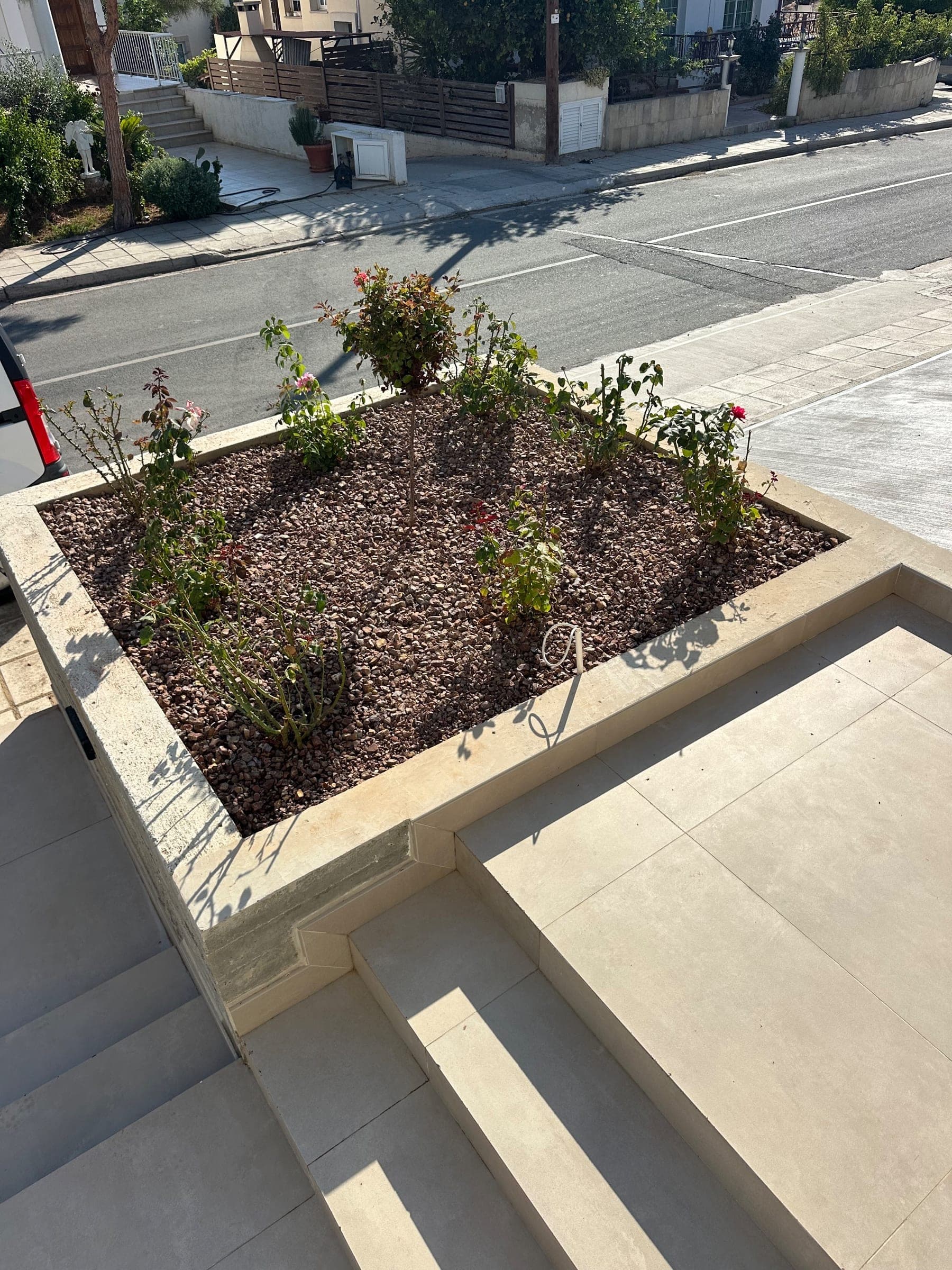 Raised concrete planter bed with dark mulch and mixed shrubs and flowering plants on a paved courtyard overlooking a street.