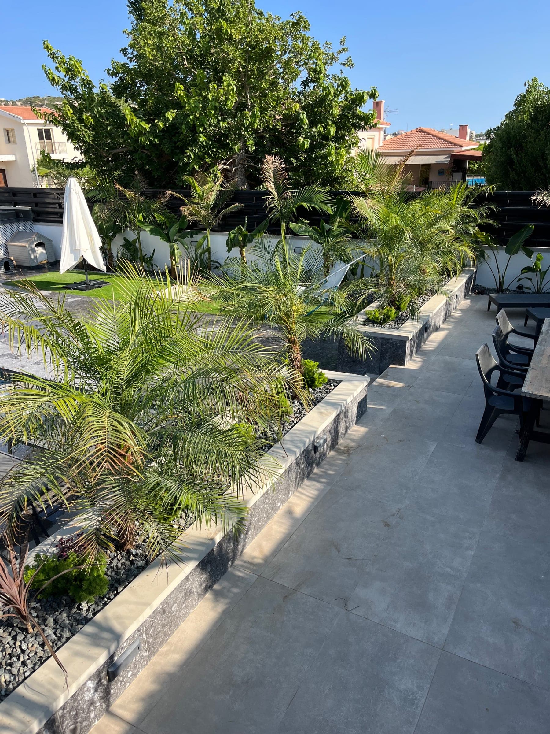 Contemporary courtyard garden with raised stone planters containing palm trees, ornamental grasses, and tropical plantings alongside paved seating area.