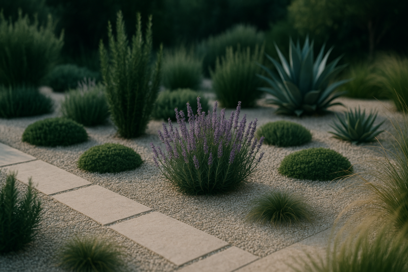 Desert-inspired dry garden with Mediterranean shrubs and grasses